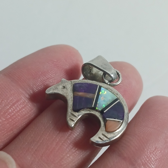 Native America Jewelry Pendant Heartline Bear Multi Stone Sterling Silver - Picture 4 of 6